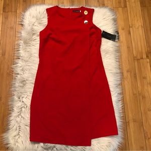 Asymmetrical Panel Sleeveless Gold Buttons Red Mini Dress, size XS/S